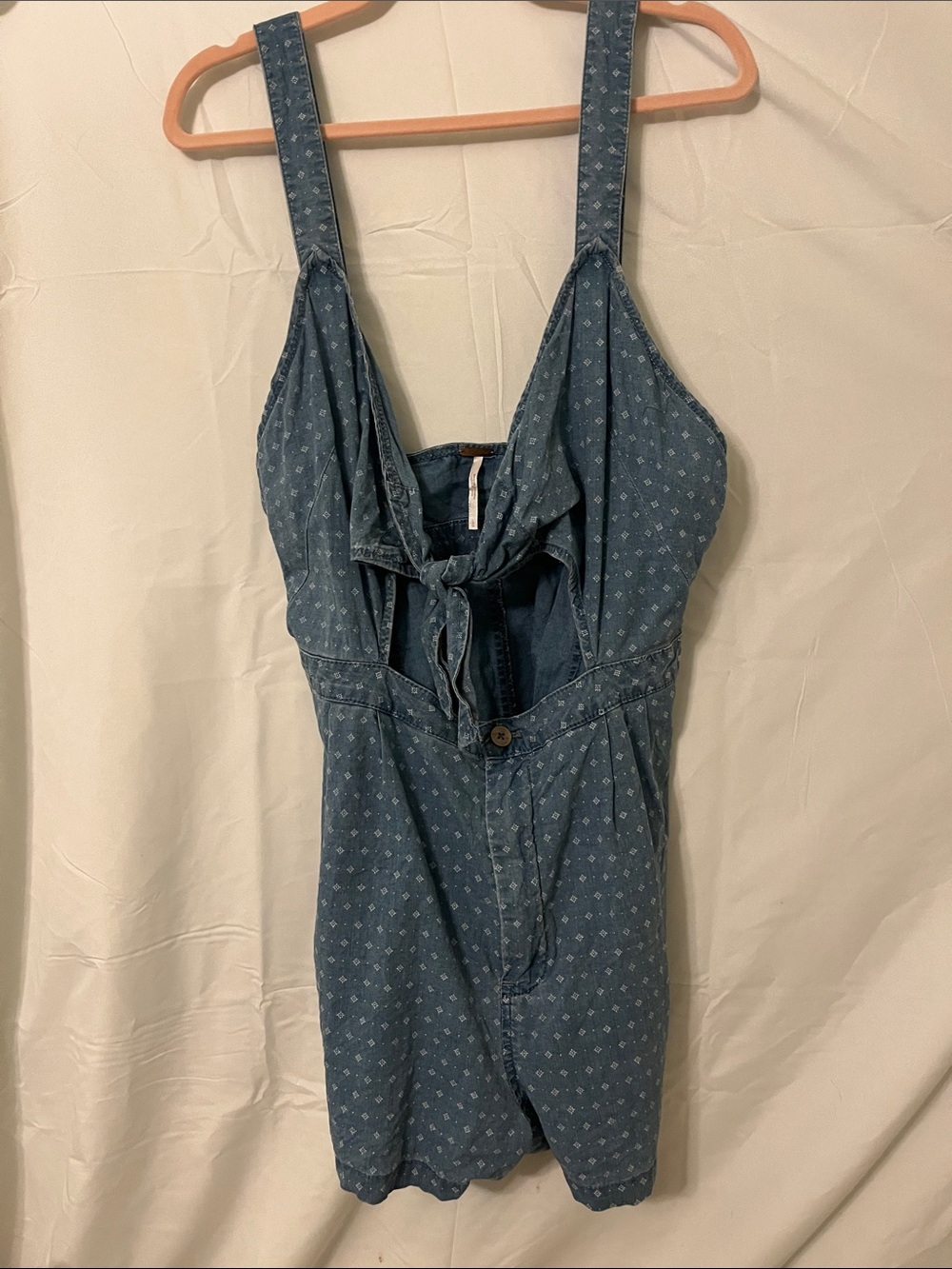 Free People Light Blue Denim Overalls with Subtle White Print
